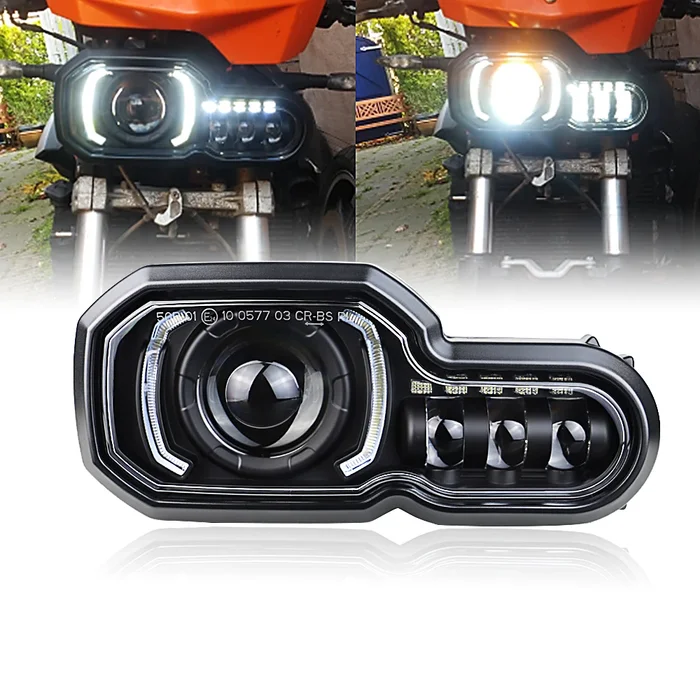 empros-fanari-led-bmw-topothetimeno-anammeno μπροστινό φανάρι BMW F650GS F800GS τοποθετημένο στη μοτοσυκλέτα αναμμένο LED φανάρι